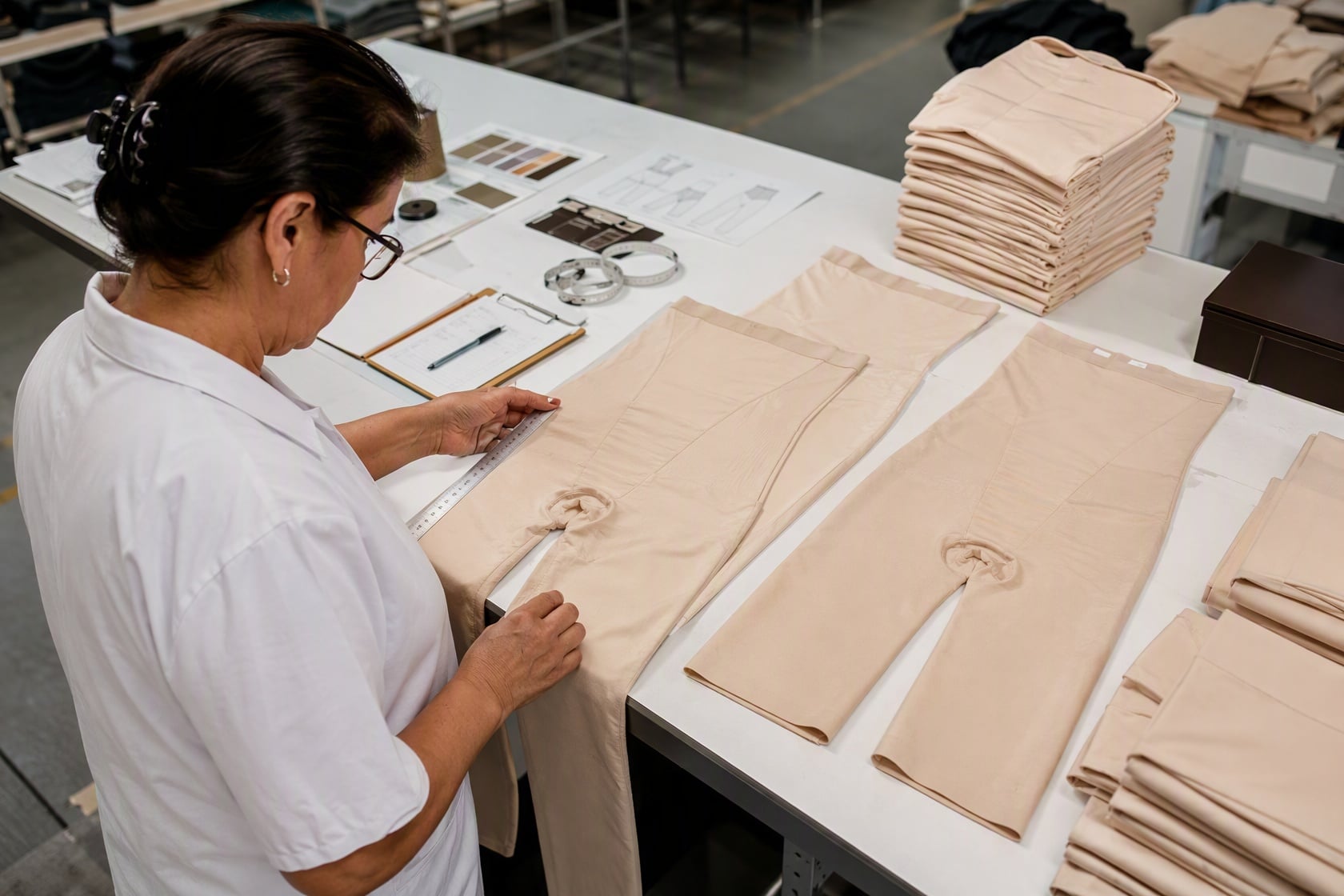 Maß- und Spezifikationsprüfung eines Shapewear-Modells im Produktteam