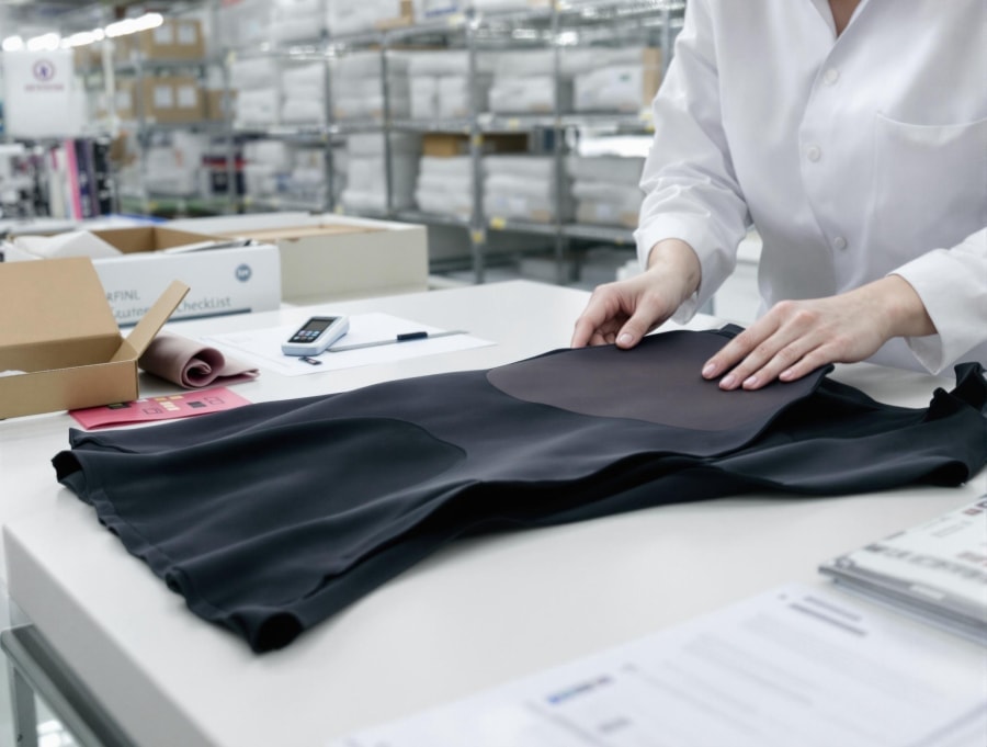 Prüfung schwarzer Shapewear-Schnittteile vor der Verarbeitung