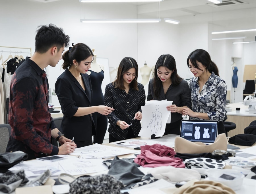 Produktteam bei der Abstimmung von Shapewear-Modellen, Materialien und Entwürfen